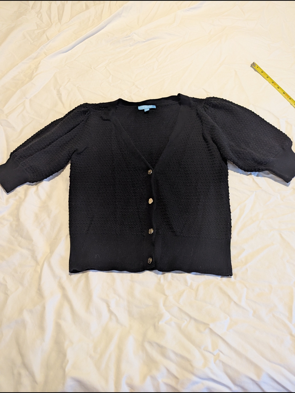 Draper James Black Puff-Sleeve V-Neck Button Cardigan, S
